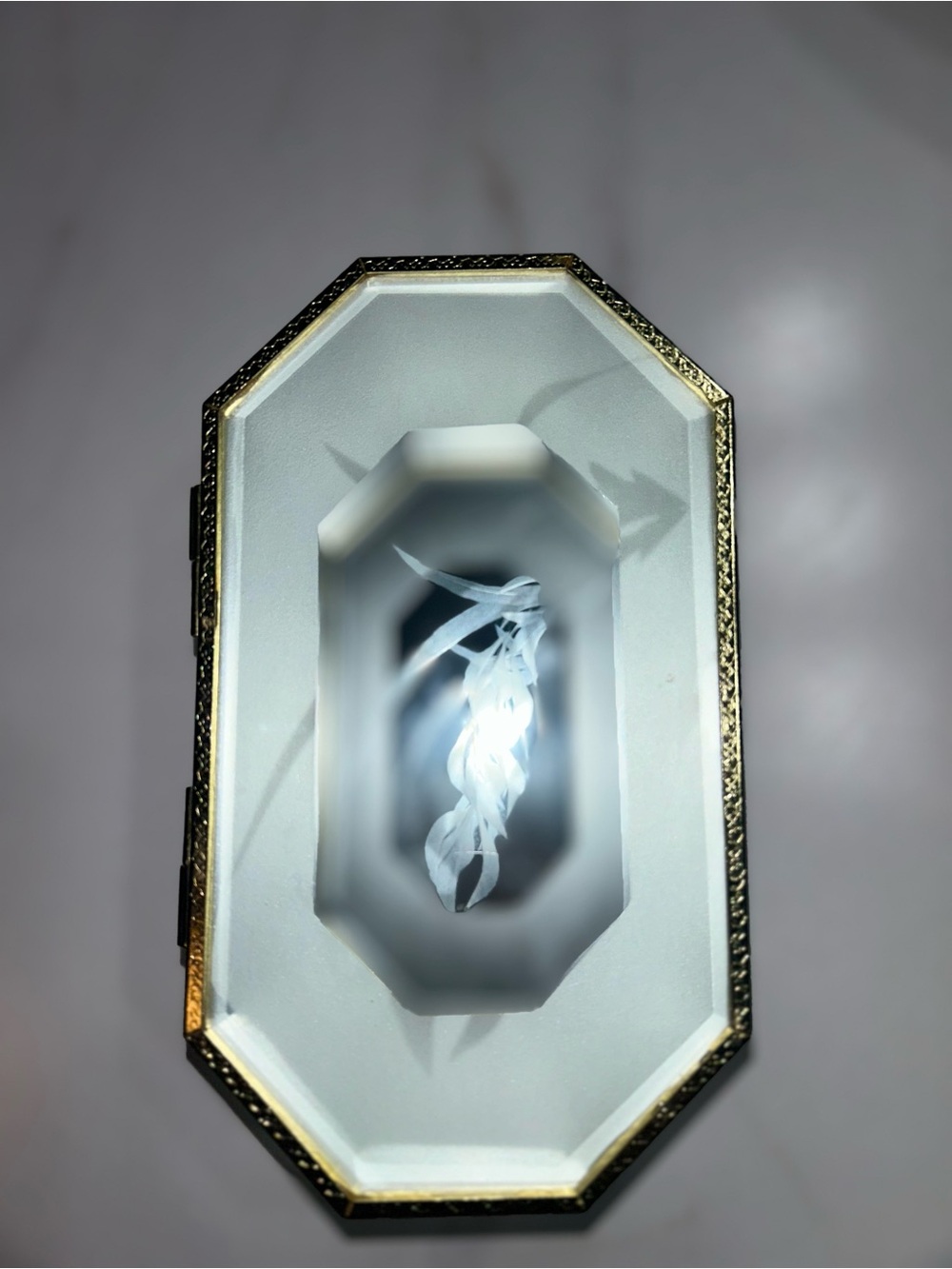 Vintage Octagonal Mirrored and Frosted Glass Jewelry Box with Gold Trim